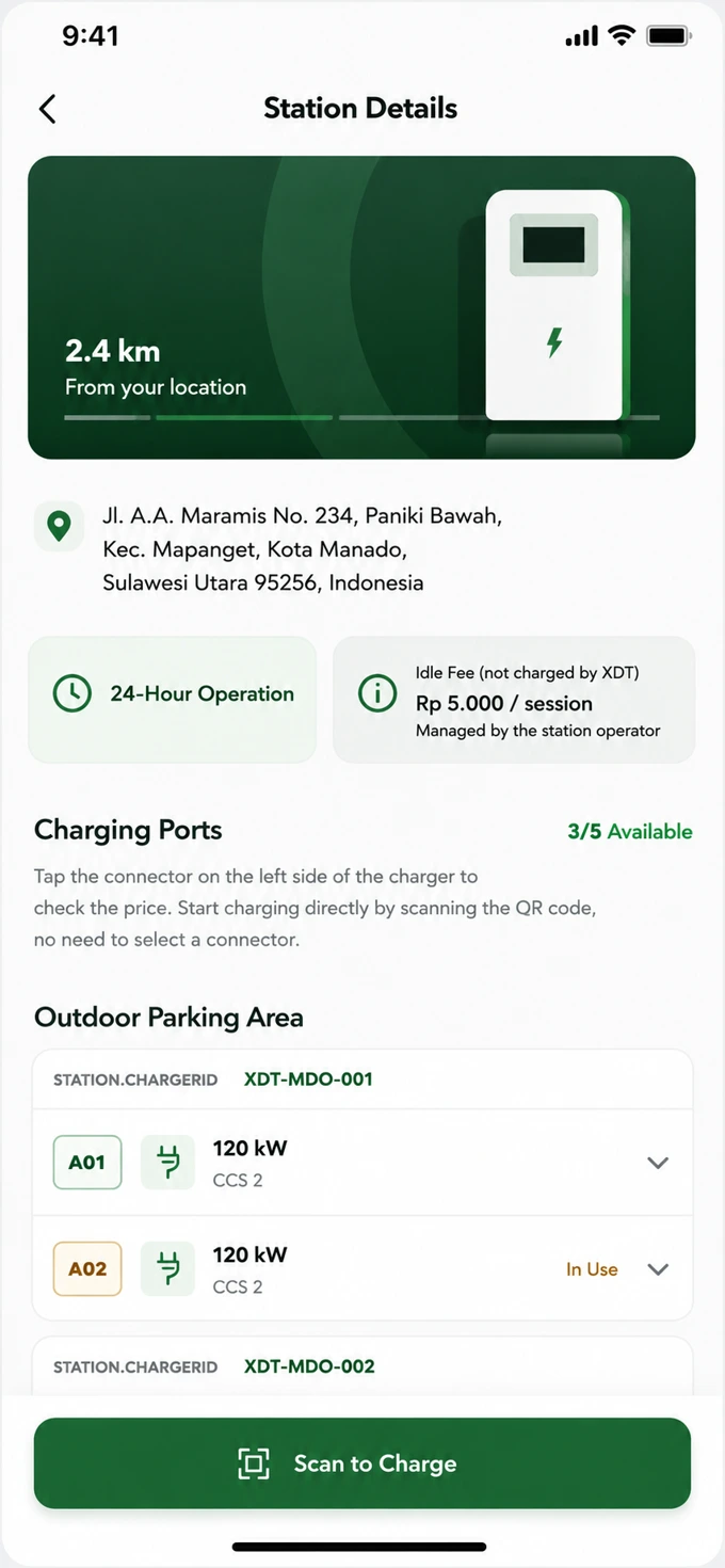 XDT driver app demonstration showing station details and connector availability.