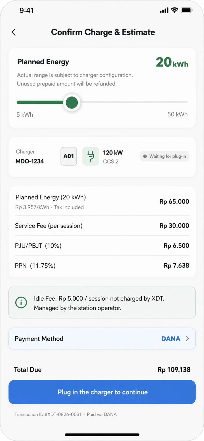 XDT App demonstration: Choose your energy target and review the payment.