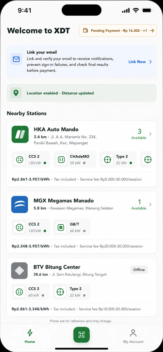 XDT App demonstration: See nearby stations, connector types and availability.
