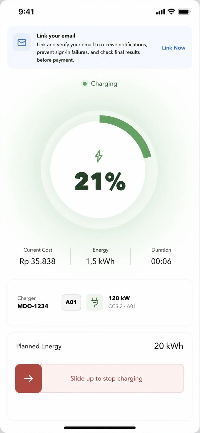 XDT App demonstration: Follow charging progress, energy and session time.